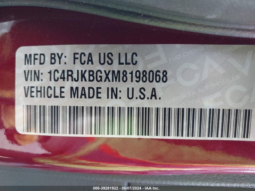 VIN 1C4RJKBGXM8198068 2021 JEEP GRAND CHEROKEE L LIMITED 4X4