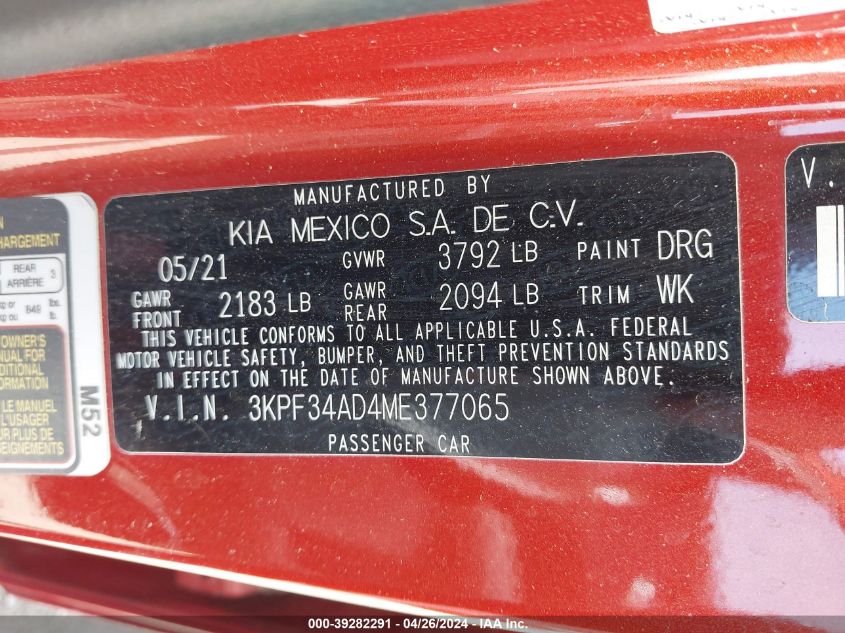 VIN 3KPF34AD4ME377065 2021 KIA Forte, Gt-Line no.9