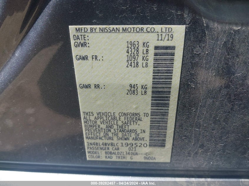 VIN 1N4BL4BV8LC199520 2020 NISSAN ALTIMA S FWD