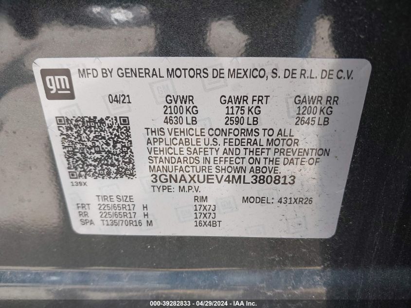 2021 Chevrolet Equinox Awd Lt VIN: 3GNAXUEV4ML380813 Lot: 39282833