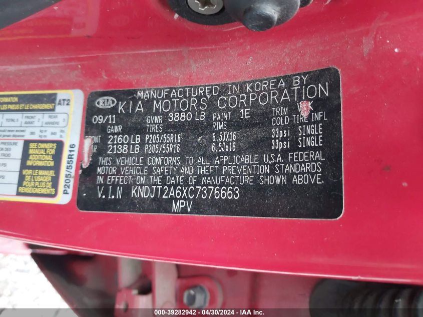2012 Kia Soul + VIN: KNDJT2A6XC7376663 Lot: 39282942
