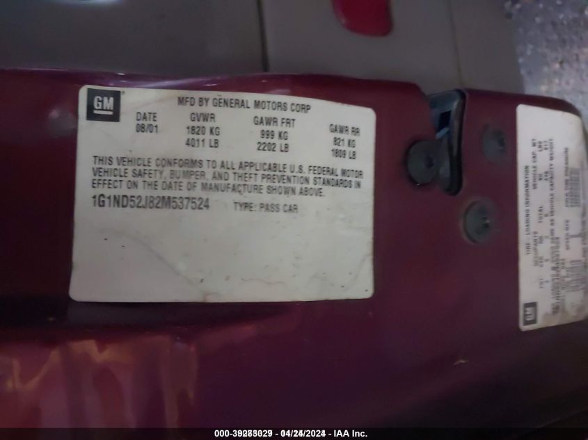 2002 Chevrolet Malibu VIN: 1G1ND52J82M537524 Lot: 39283029