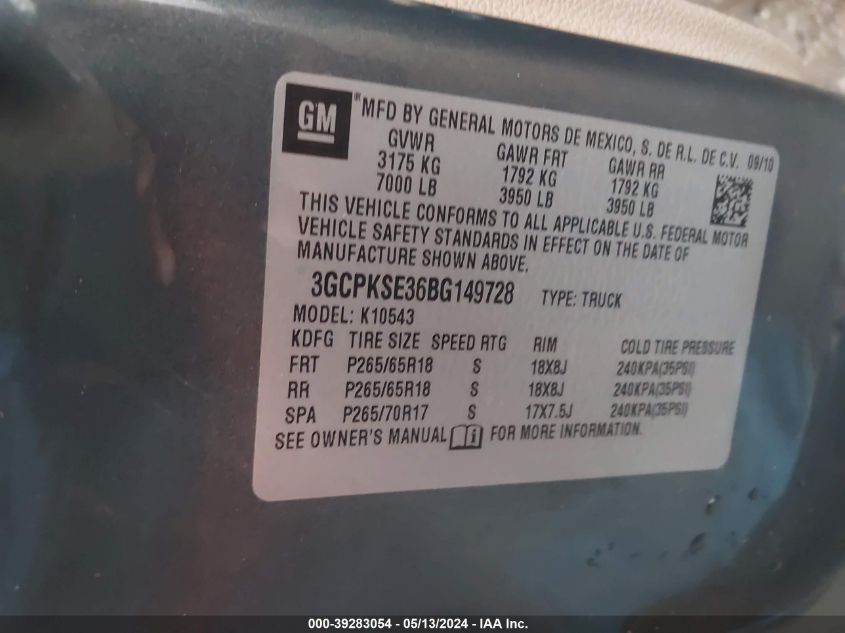 2011 Chevrolet Silverado 1500 Lt VIN: 3GCPKSE36BG149728 Lot: 39283054