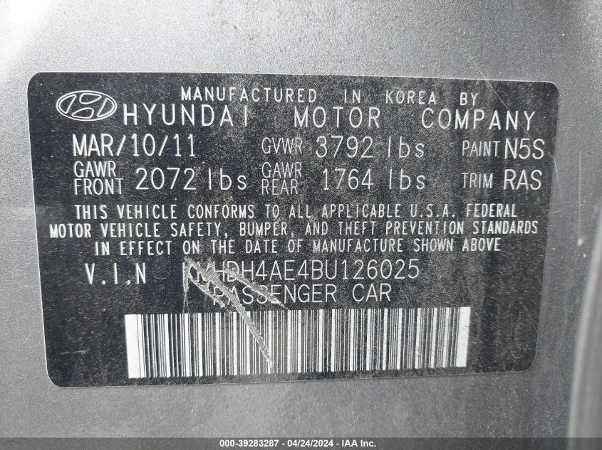 2011 Hyundai Elantra Gls (Ulsan Plant) VIN: KMHDH4AE4BU126025 Lot: 39283287