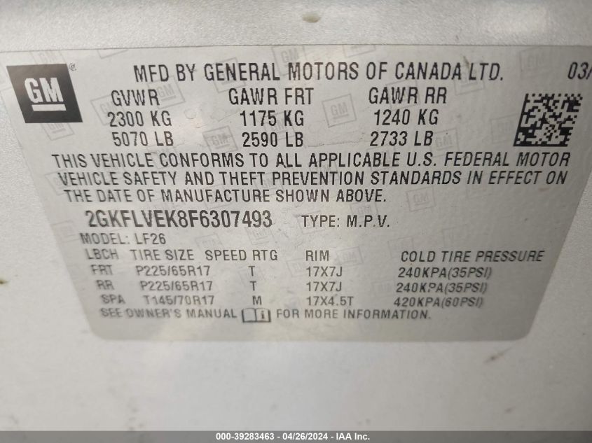 2015 GMC Terrain Sle-1 VIN: 2GKFLVEK8F6307493 Lot: 39283463