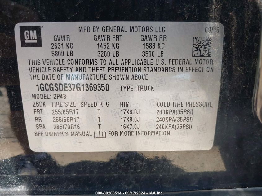 2016 Chevrolet Colorado Z71 VIN: 1GCGSDE37G1369350 Lot: 39283514