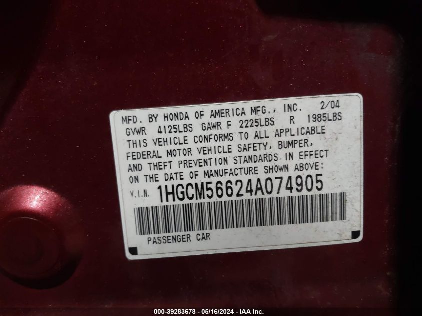 2004 Honda Accord 2.4 Ex VIN: 1HGCM56624A074905 Lot: 39283678