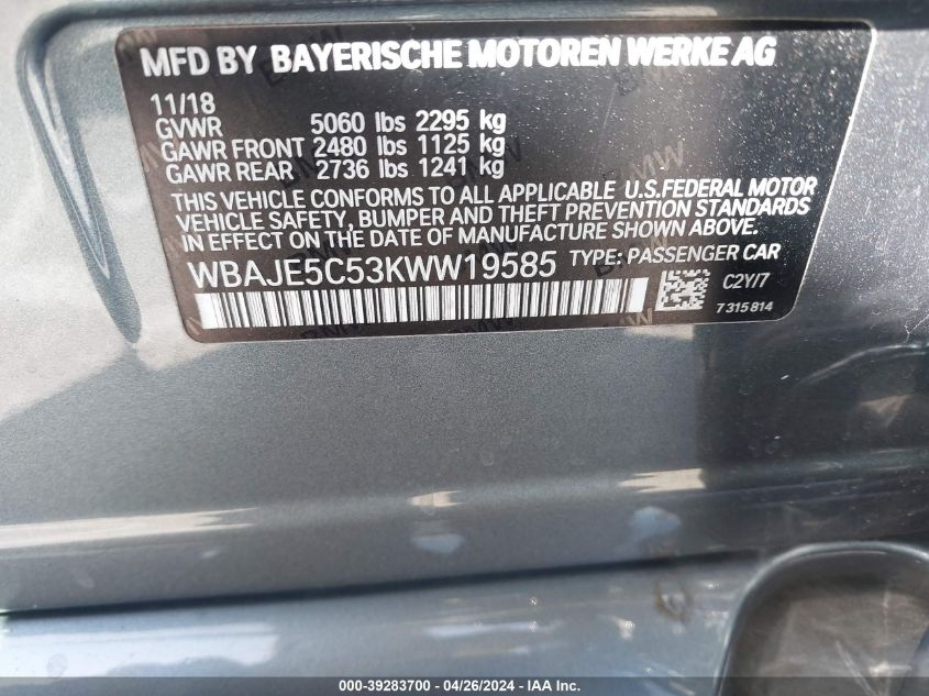 2019 BMW 540I VIN: WBAJE5C53KWW19585 Lot: 39283700
