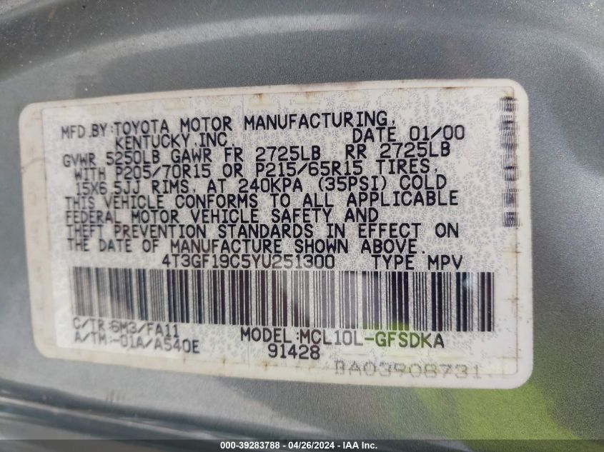 2000 Toyota Sienna Ce VIN: 4T3GF19C5YU251300 Lot: 39283788