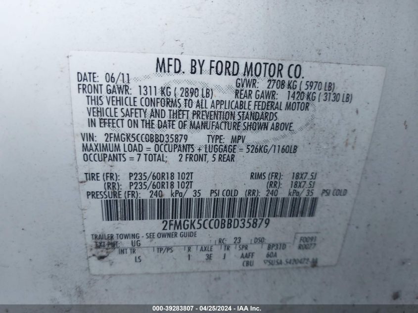 2FMGK5CC0BBD35879 2011 Ford Flex Sel