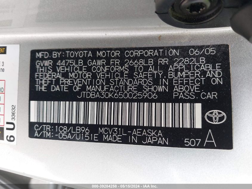 2005 Toyota Camry Se V6 VIN: JTDBA30K650025906 Lot: 39284258