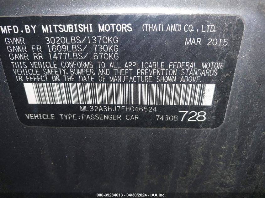 2015 Mitsubishi Mirage De VIN: ML32A3HJ7FH046524 Lot: 39284613