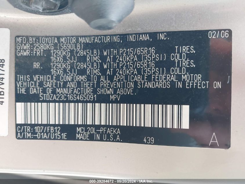 2006 Toyota Sienna Ce/Le VIN: 5TDZA23C16S465091 Lot: 39284672