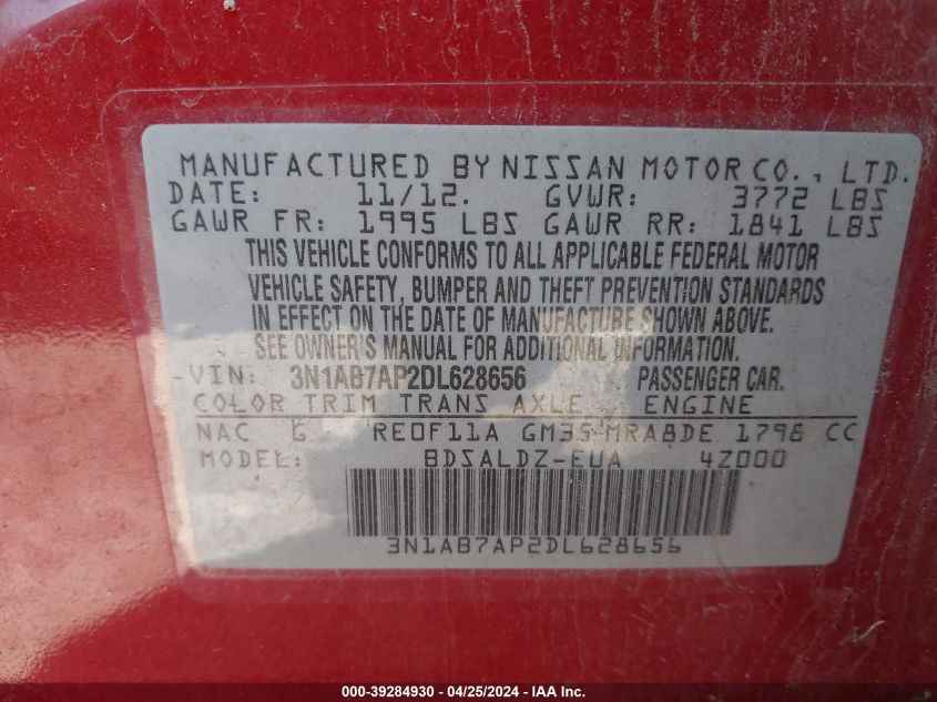 2013 Nissan Sentra Sv VIN: 3N1AB7AP2DL628656 Lot: 39284930