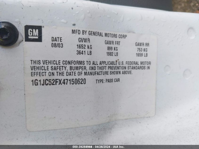 2004 Chevrolet Cavalier VIN: 1G1JC52FX47150620 Lot: 39284944