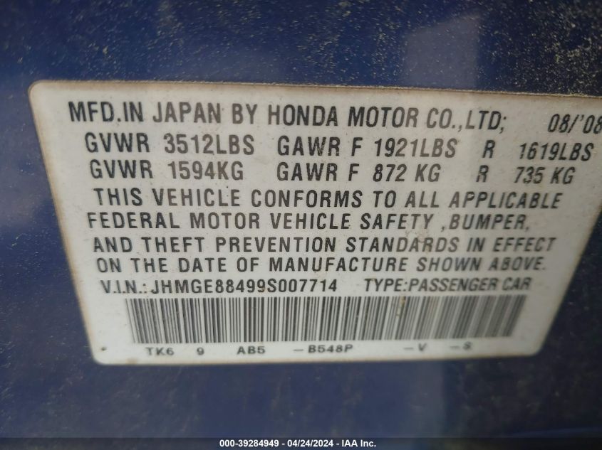 JHMGE88499S007714 | 2009 HONDA FIT