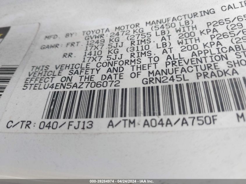 2010 Toyota Tacoma Base V6 VIN: 5TELU4EN5AZ706072 Lot: 39284974