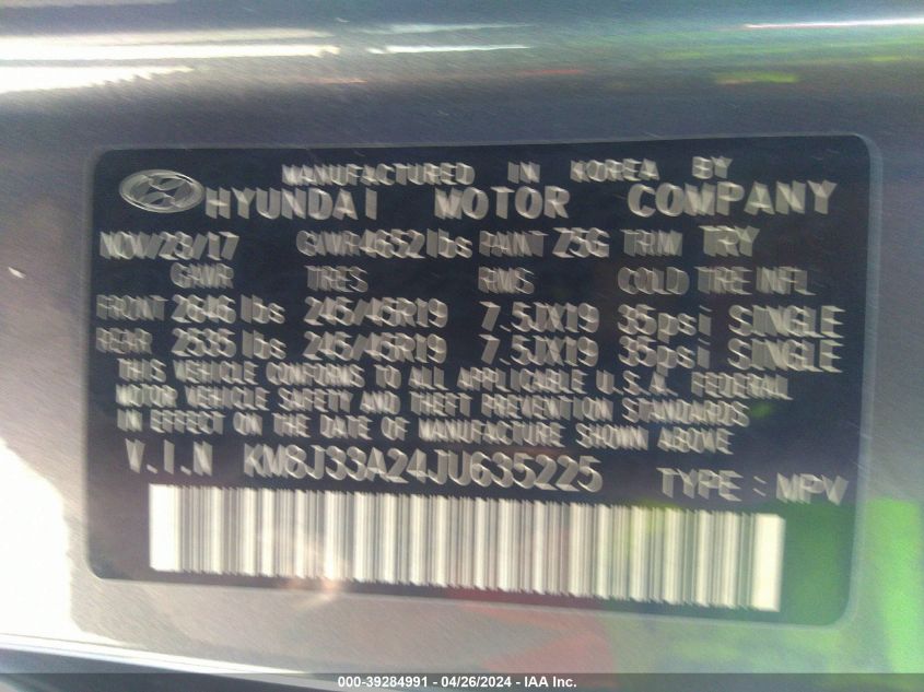 2018 Hyundai Tucson Limited VIN: KM8J33A24JU635225 Lot: 39284991