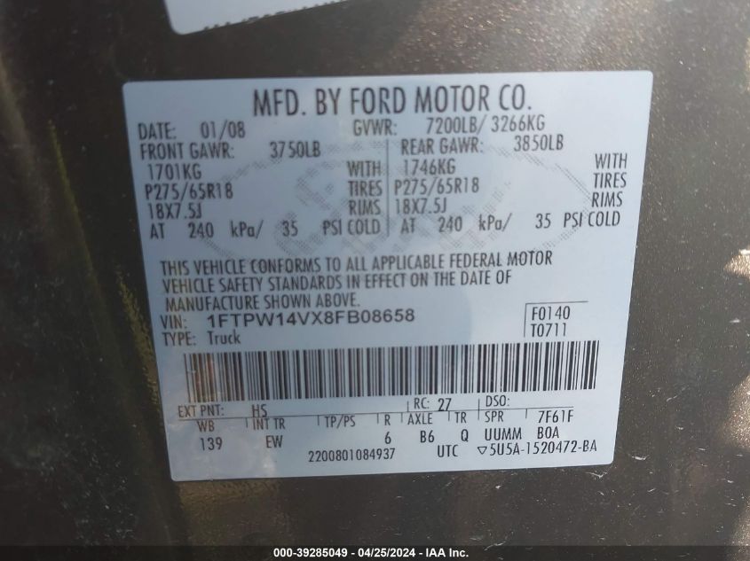 1FTPW14VX8FB08658 | 2008 FORD F-150