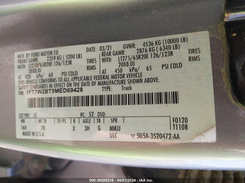 2021 FORD F-250 PLATINUM - 1FT7W2BT5MED69428