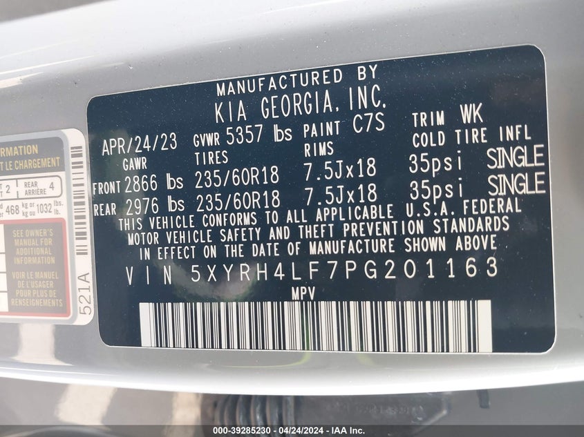 VIN 5XYRH4LF7PG201163 2023 KIA SORENTO EX