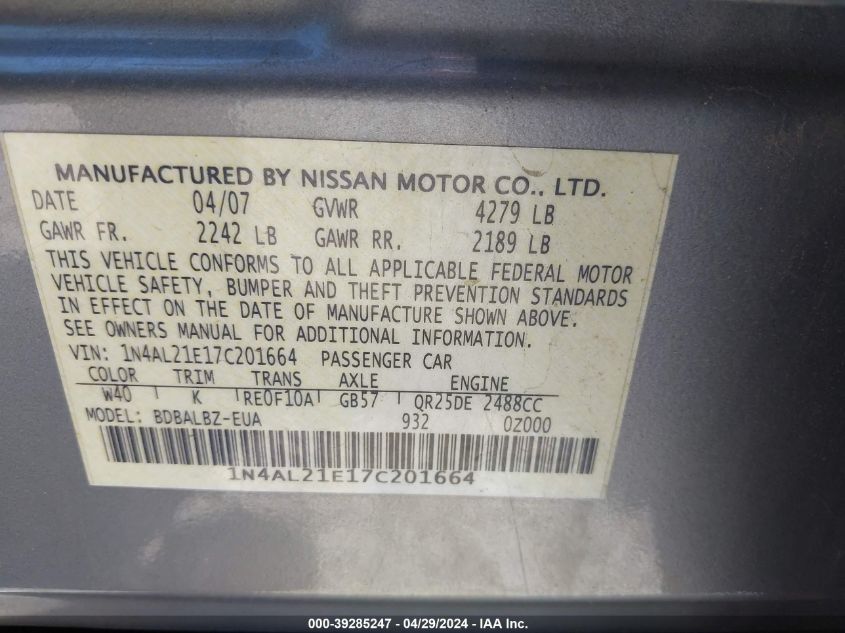 1N4AL21E17C201664 2007 Nissan Altima 2.5 S