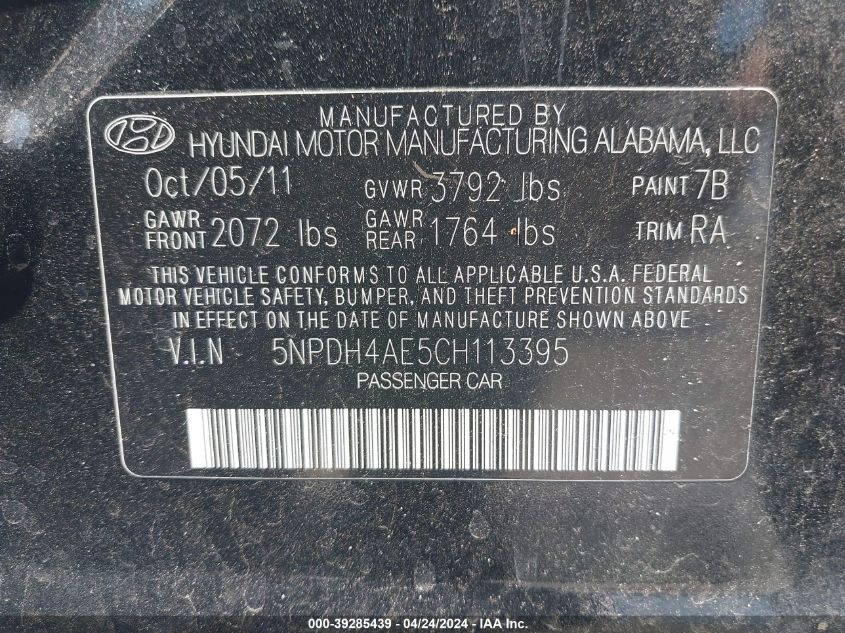 5NPDH4AE5CH113395 | 2012 HYUNDAI ELANTRA