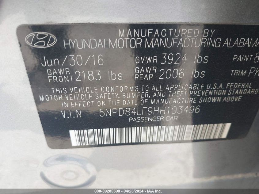 5NPD84LF9HH103496 | 2017 HYUNDAI ELANTRA