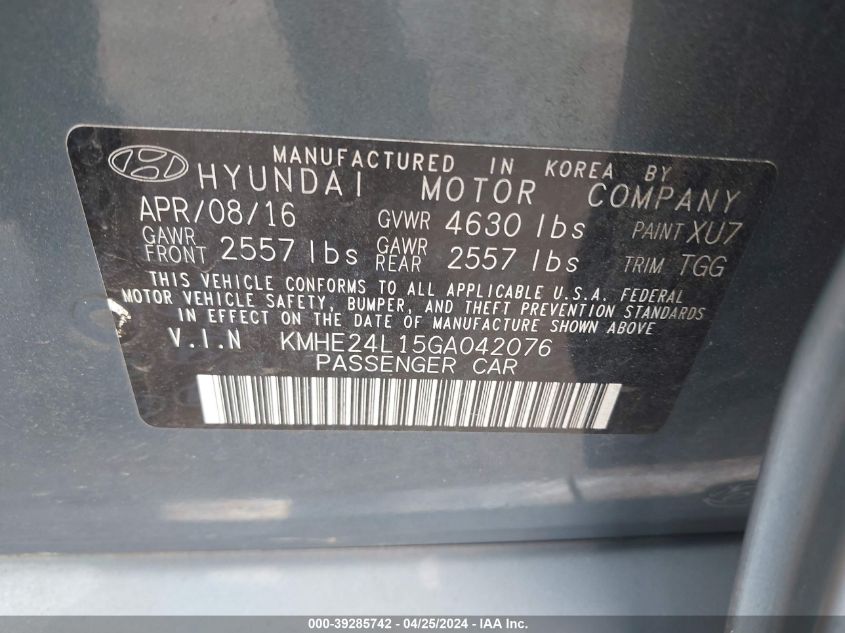 KMHE24L15GA042076 | 2016 HYUNDAI SONATA HYBRID