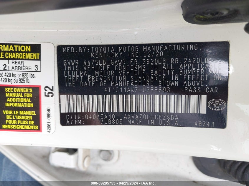 2020 TOYOTA CAMRY SE/SE NIGHT SHADE - 4T1G11AK7LU355693