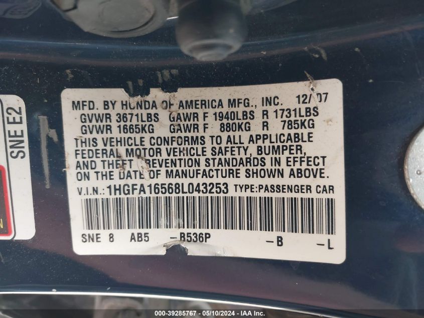 2008 Honda Civic Lx VIN: 1HGFA16568L043253 Lot: 39285767