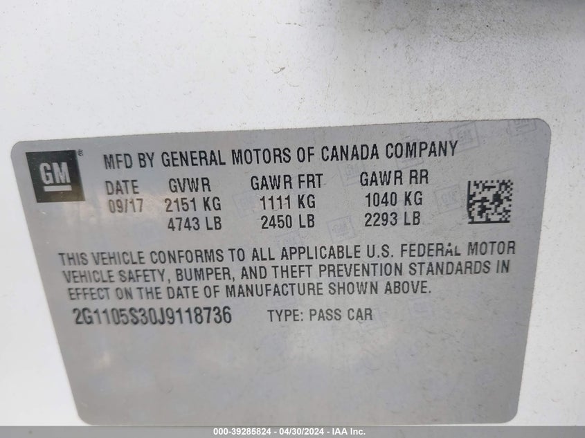VIN 2G1105S30J9118736 2018 CHEVROLET IMPALA 1LT