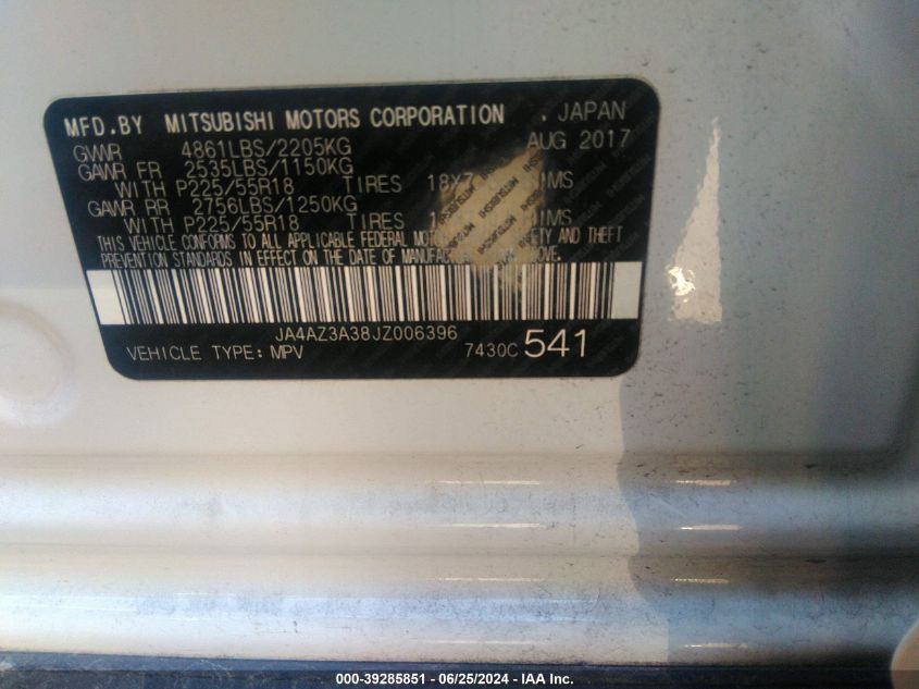 2018 Mitsubishi Outlander Sel VIN: JA4AZ3A38JZ006396 Lot: 39285851