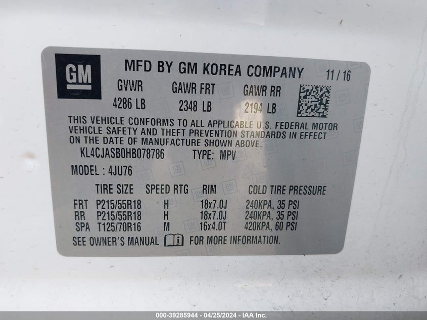 VIN KL4CJASB0HB078786 2017 BUICK ENCORE PREFERRED