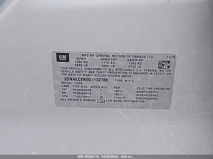 2016 CHEVROLET EQUINOX LT - 2GNALCEK6G1132788