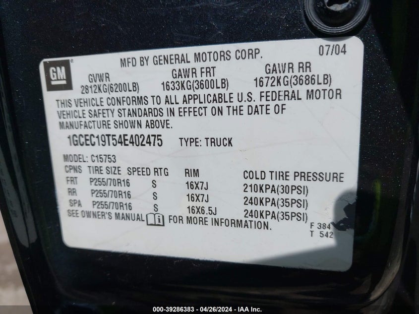 2004 Chevrolet Silverado 1500 Ls VIN: 1GCEC19T54E402475 Lot: 39286383