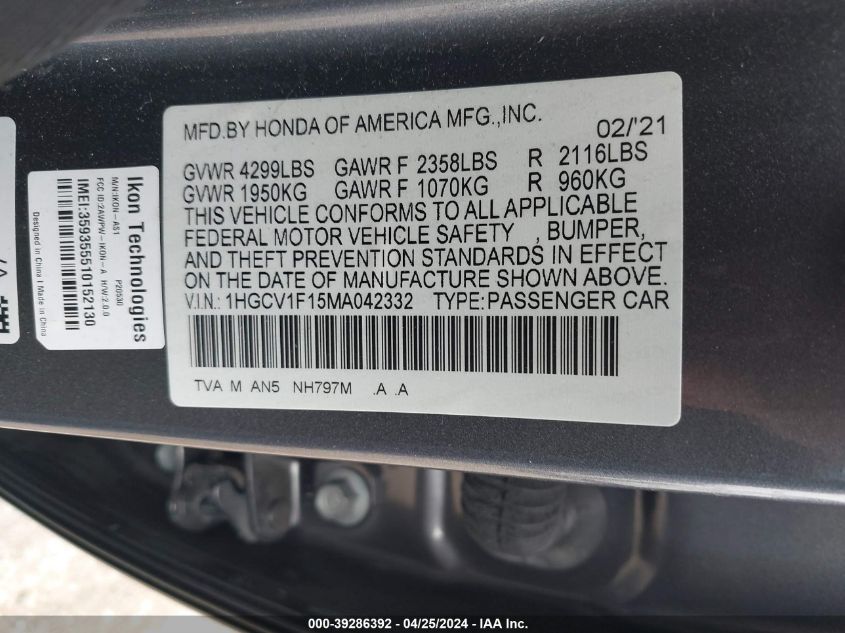 1HGCV1F15MA042332 2021 Honda Accord Lx