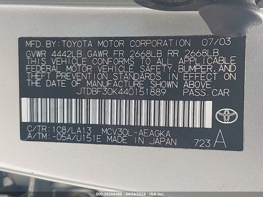 JTDBF30K440151889 | 2004 TOYOTA CAMRY