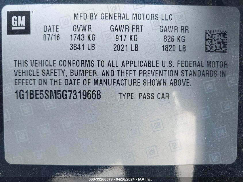 2016 CHEVROLET CRUZE LT AUTO - 1G1BE5SM5G7319668