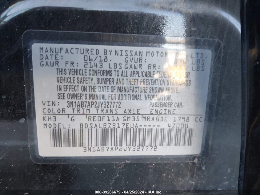 VIN 3N1AB7AP2JY327772 2018 NISSAN SENTRA S