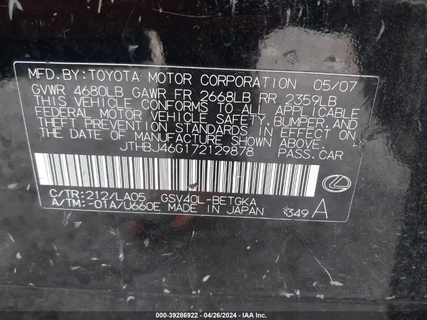 2007 Lexus Es 350 VIN: JTHBJ46G172129878 Lot: 39286922