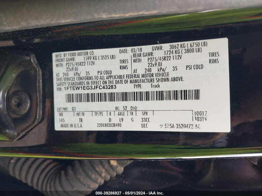 2018 Ford F-150 Limited VIN: 1FTEW1EG3JFC43283 Lot: 39286927