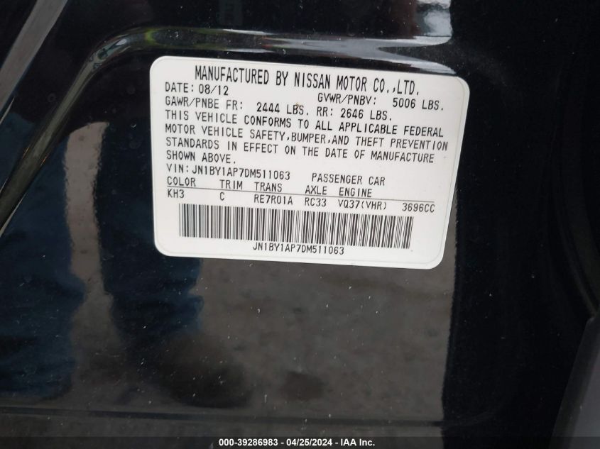 2013 Infiniti M37 VIN: JN1BY1AP7DM511063 Lot: 39286983