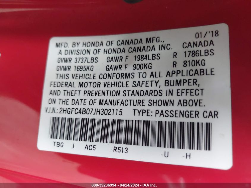 2018 Honda Civic Lx-P VIN: 2HGFC4B07JH302115 Lot: 39286994