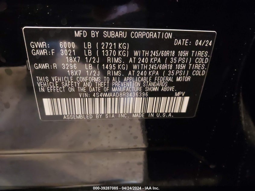 2024 SUBARU ASCENT BASE 8-PASSENGER - 4S4WMAAD8R3436396