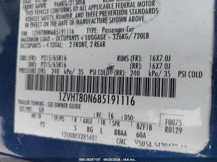 2008 Ford Mustang V6 Deluxe/V6 Premium VIN: 1ZVHT80N685191116 Lot: 39287107