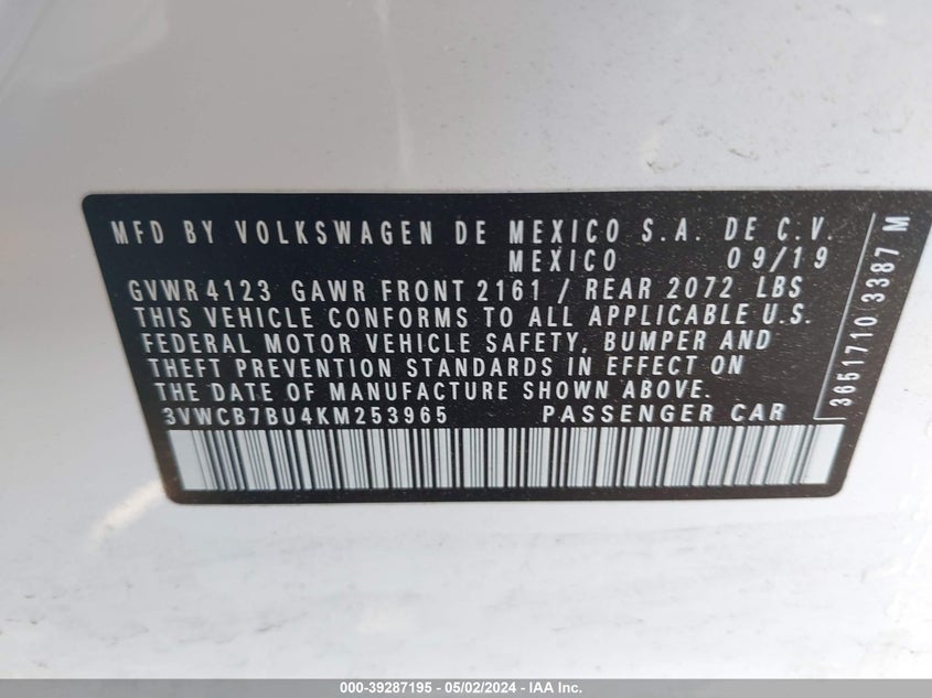 VIN 3VWCB7BU4KM253965 2019 VOLKSWAGEN JETTA 1.4T R-LINE/1.4T S/1.4T SE