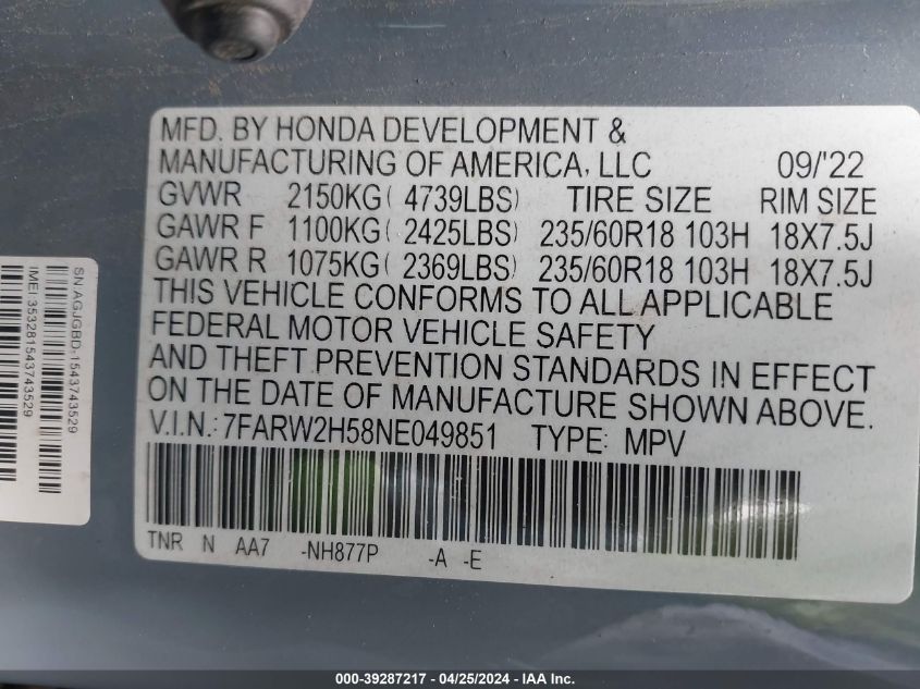 2022 Honda Cr-V Awd Ex VIN: 7FARW2H58NE049851 Lot: 39287217