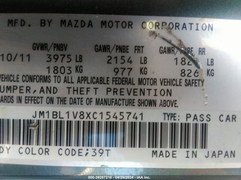 2012 Mazda Mazda3 I Touring VIN: JM1BL1V8XC1545741 Lot: 39287218