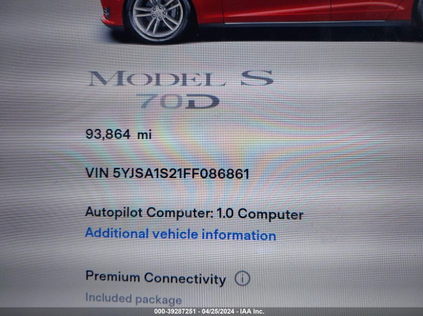 5YJSA1S21FF086861 | 2015 TESLA MODEL S